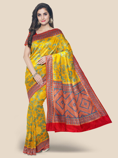 

Kalamandir Yellow & Red Floral Silk Blend Banarasi Saree