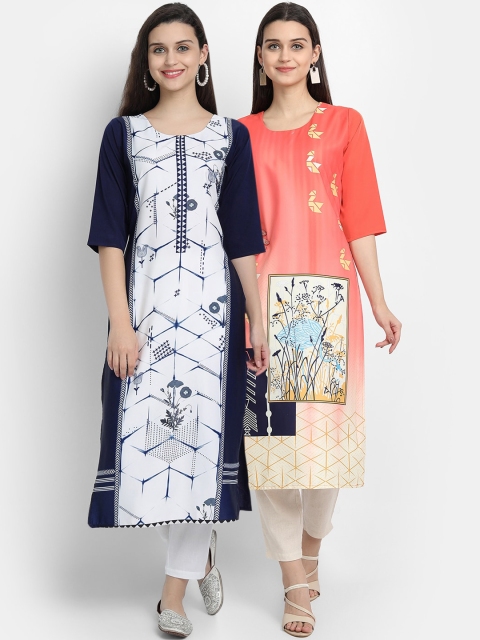

Ethnic basket Women Pack Of 2 Digitally Printed Crepe Straight Kurta, Navy blue