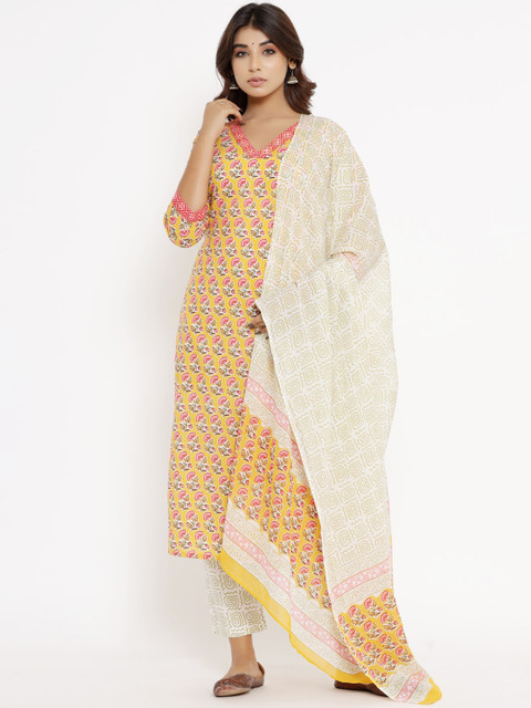 

Silai Bunai Women Yellow Floral Printed Pure Cotton Kurta with Trousers & With Dupatta