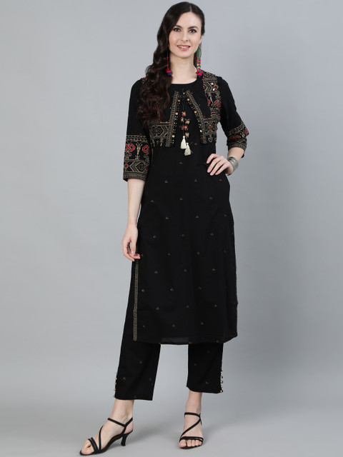 

Ishin DESIGNER STUDIO Women Black Embellished Pure Cotton Kurta Trousers Set with Jacket