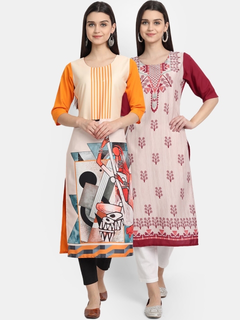 

Ethnic basket Women Pack Of 2 Peach-Coloured & Maroon Ethnic Motifs Printed Crepe Kurtas