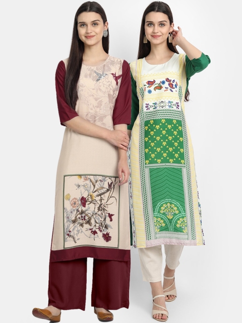 

Ethnic basket Women Multi Coloured Geometric Printed Crepe Kurta Pack of 2