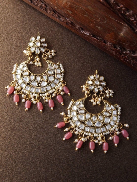 

Rubans Women Pink & White Gold Plated Classic Beaded Chandbali Earrings