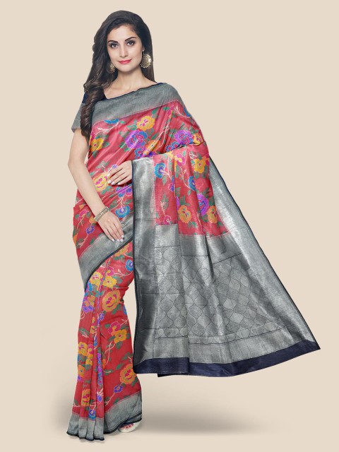 

Kalamandir Pink & Black Floral Zari Silk Blend Banarasi Saree