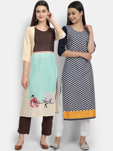 

Ethnic basket Women Pack Of 2 Geometric Digital Printed Crepe Straight Kurta, Cream