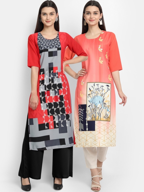 

Ethnic basket Women Pack of 2 Multicoloured Geometric Digital Printed Crepe Kurta, Multi
