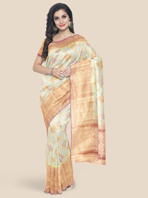 

Kalamandir Cream & Pink Woven Design Silk Blend Banarasi Saree