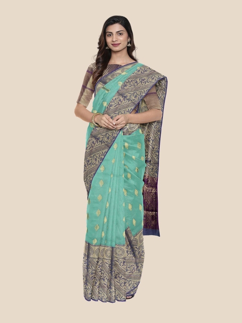 

Kalamandir Turquoise Blue & Gold-Toned Ethnic Motifs Zari Chanderi Saree