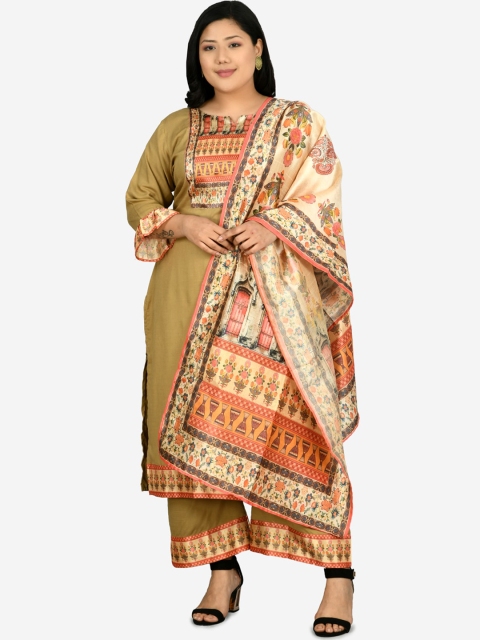 

DesiNoor com Women Beige Ethnic Motif Design Plus Size Kurta with Palazzos & With Dupatta