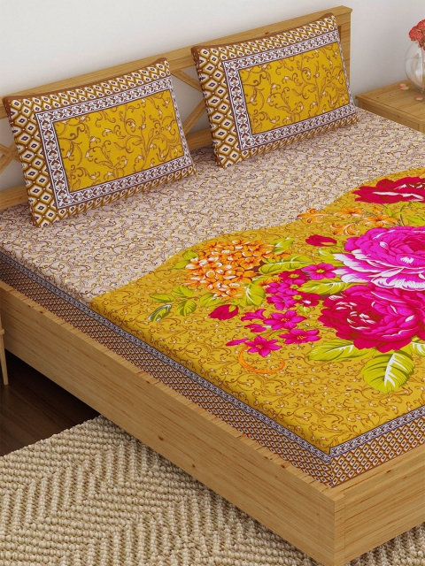 

METRO LIVING Yellow & Pink Floral 120 TC Queen Bedsheet with 2 Pillow Covers