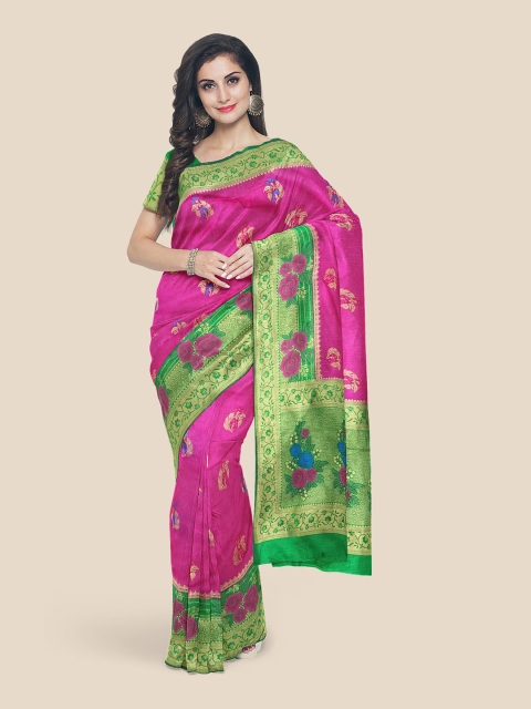 

Kalamandir Pink & Green Floral Silk Blend Banarasi Saree