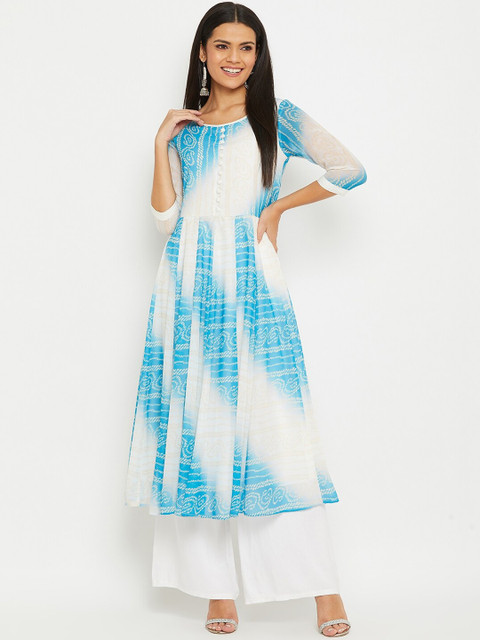 

PANIT Women Blue & White Bandhani Printed Georgette Anarkali Kurta