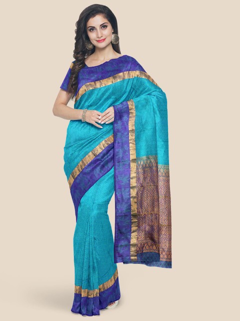 

Kalamandir Blue & Gold-Toned Woven Design Silk Blend Kanjeevaram Saree