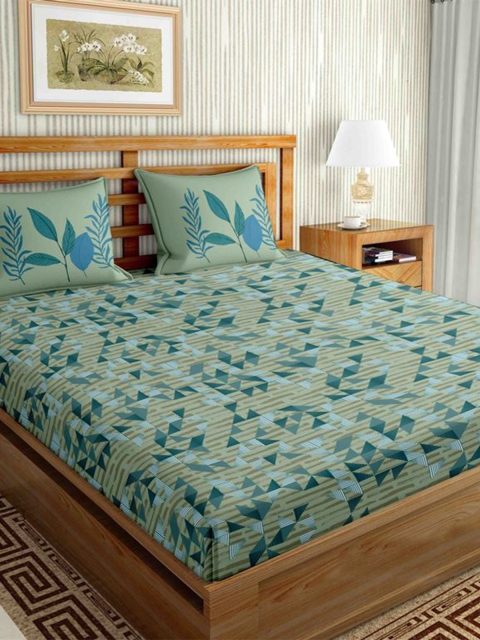

BELLA CASA Green & Blue Geometric 160 TC King Bedsheet with 2 Pillow Covers
