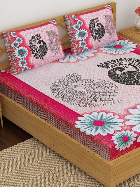 

METRO LIVING Pink & Black Ethnic Motifs 120 TC Queen Bedsheet with 2 Pillow Covers