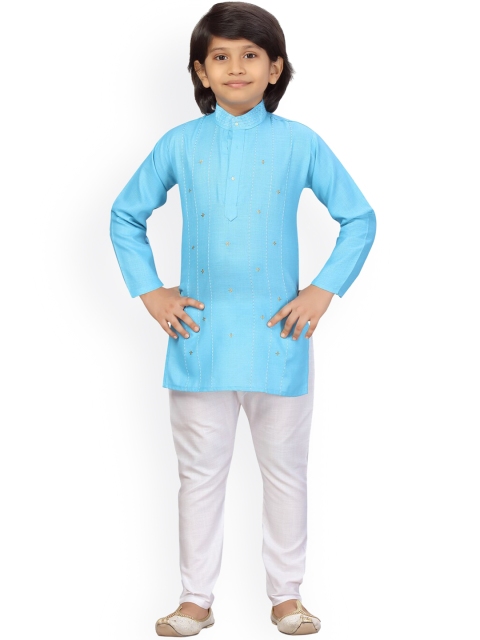 

LITTLE MAFIA BY Aarika Boys Turquoise Blue & White Embroidered Pure Cotton Kurta & Pyjamas