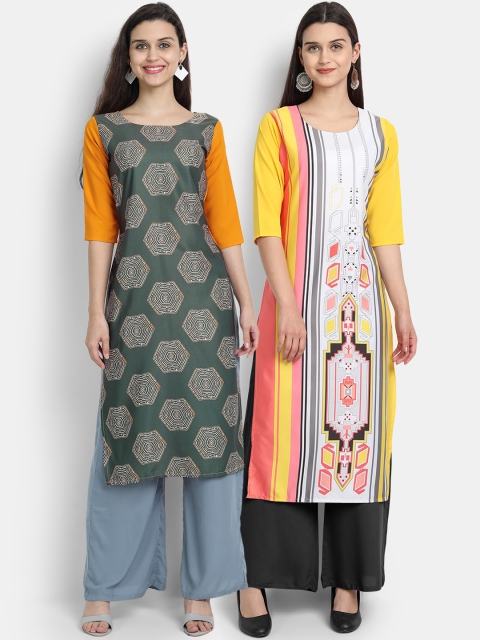 

Ethnic basket Women Pack Of 2 Digitally Printed Crepe Straight Kurta, Yellow