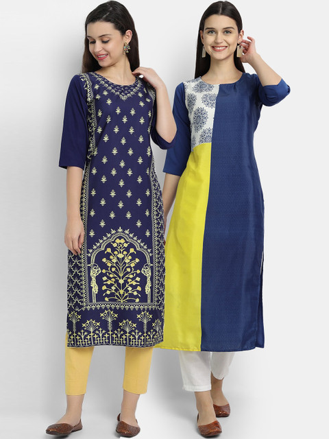 

Ethnic basket Women Pack of 2 Navy Blue & Yellow Colourblocked Crepe Kurta