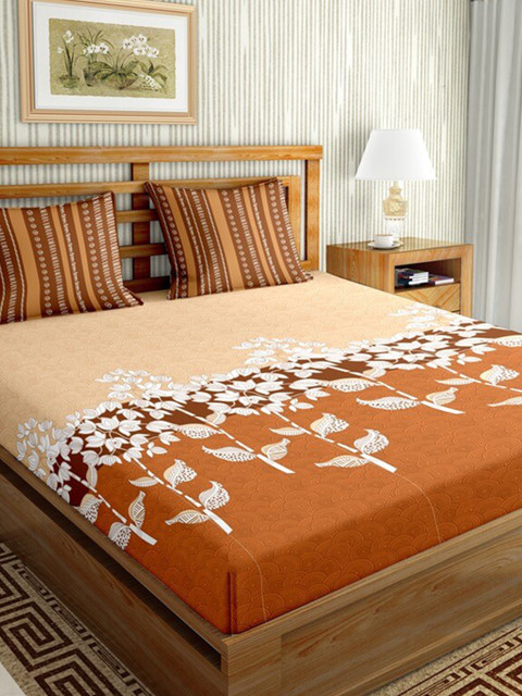 

BELLA CASA Brown & White Floral 144 TC King Bedsheet with 2 Pillow Covers