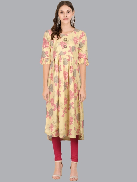 

FLAVIDO Women Yellow Floral Printed Keyhole Neck Thread Work Anarkali Kurta