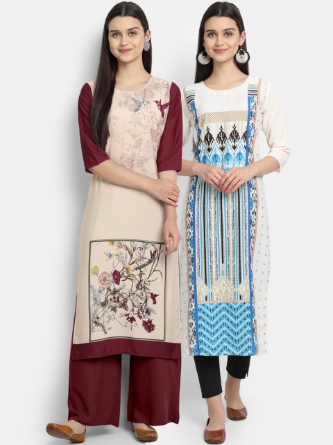 

Ethnic basket Women Pack Of 2 Cream & Blue Printed Flared Sleeves Crepe Kurta