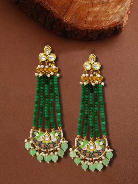 

THE AAB STUDIO Green Gold Plated Enamelled Kundan Studded Drop Earring with Beads & Pearl