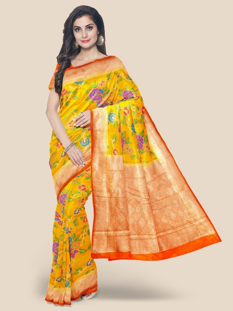 

Kalamandir Yellow & Orange Floral Zari Silk Blend Banarasi Saree