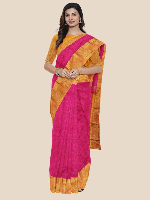 

Kalamandir Pink & Mustard Yellow Silk Blend Kanjeevaram Saree