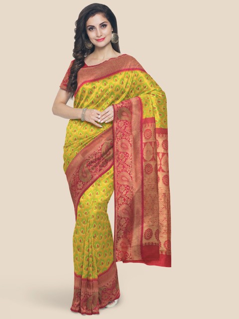 

Kalamandir Lime Green & Red Paisley Silk Blend Saree