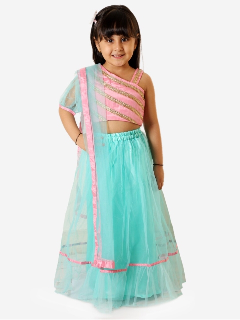 

KID1 Girls Pink & Turquoise Blue Embellished Ready to Wear Lehenga & Blouse with Dupatta