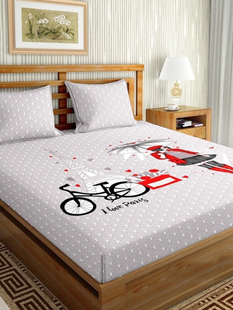 

BELLA CASA White & Red Graphic 144 TC King Bedsheet with 2 Pillow Covers