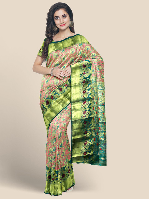 

Kalamandir Pink & Green Ethnic Motifs Zari Silk Blend Kanjeevaram Saree