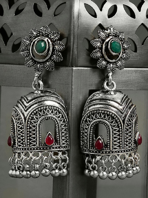 

OOMPH Silver & Maroon Green Stones Dome Shaped Oxidised Jhumkas Earrings