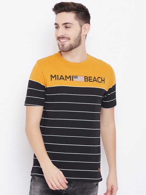 

Austin wood Men Black Yellow Striped Typography Printed Pure Cotton T-shirt