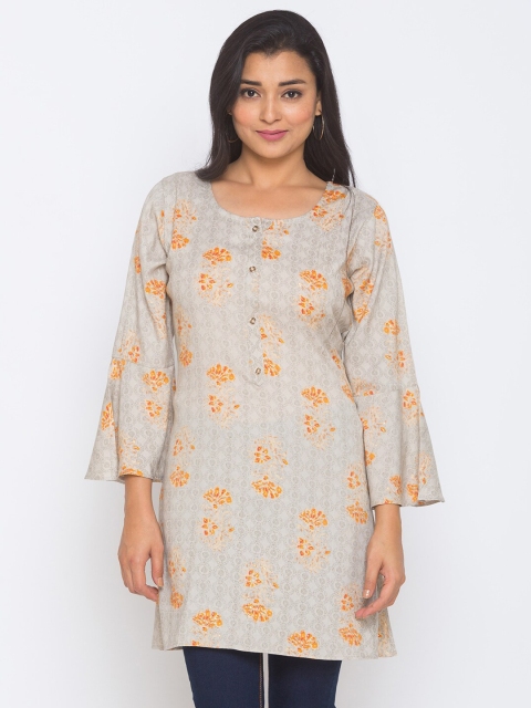 

TANKHI Grey & Orange Floral Printed Flared Sleeves Kurti