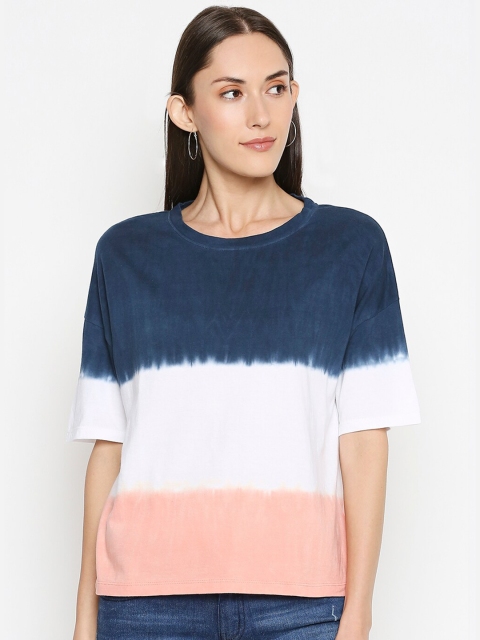 

People Women Navy Blue White Dyed Pure Cotton T-shirt