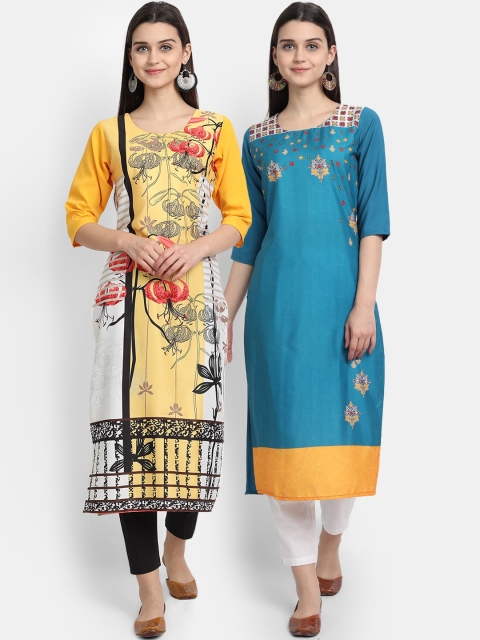 

Ethnic basket Women Pack Of 2 Yellow & Blue Floral Printed Crepe Kurtas