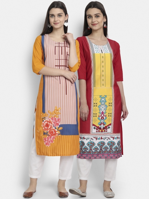 

Ethnic basket Women Multi Striped Crepe Kurta Pack of 2
