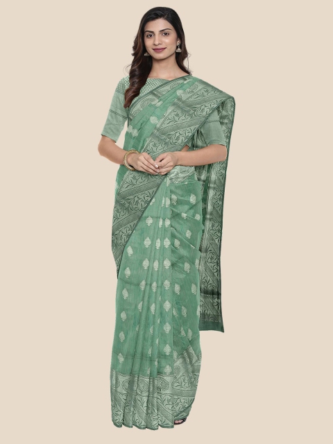 

Kalamandir Green & Silver-Toned Ethnic Motifs Zari Chanderi Saree