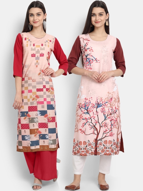 

Ethnic basket Women Crepe Multi Color Digital Floral Print Straight Kurta Pack Of 2