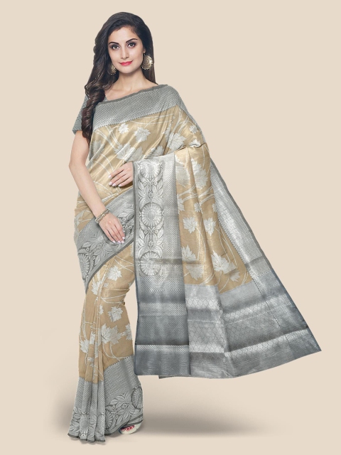 

Kalamandir Tan & Grey Floral Zari Chanderi Saree