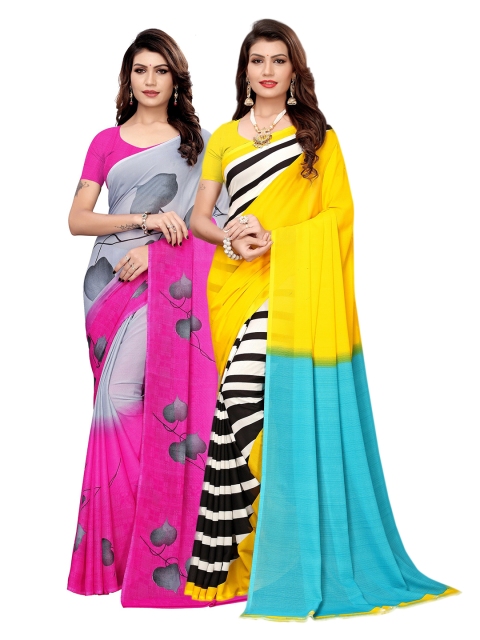 

KALINI Pack Of 2 Pink & Yellow Floral Sarees