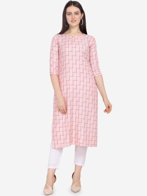 

Kvsfab Women Pink Checked Keyhole Neck Kurta