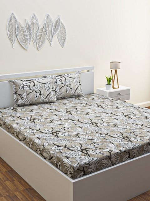 

HOME AFFAIRS Beige & White Floral 220 TC King Bedsheet with 2 Pillow Covers