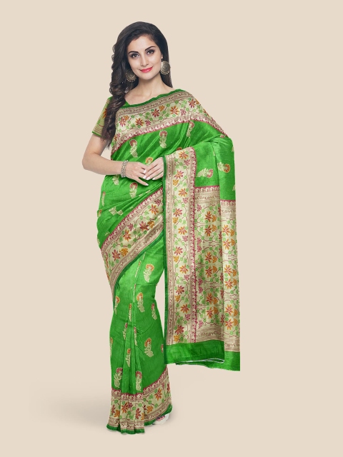 

Kalamandir Green & Cream-Coloured Floral Silk Blend Banarasi Saree