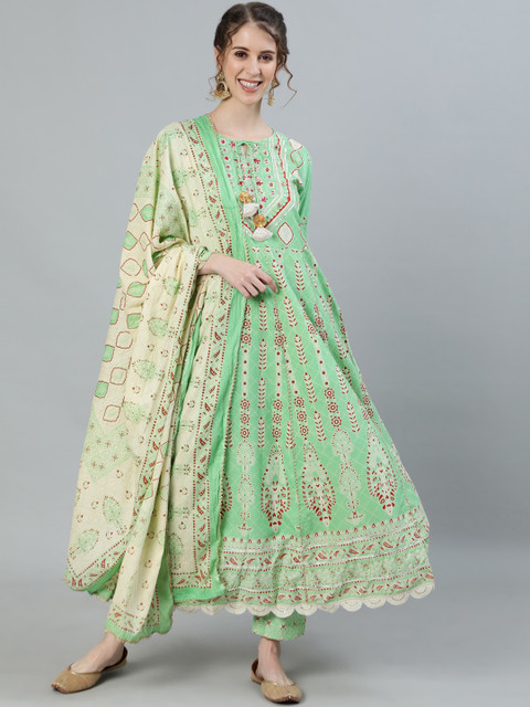 

Ishin Women Green Floral Embroidered Pleated Pure Cotton Kurti with Trousers & With Dupatta
