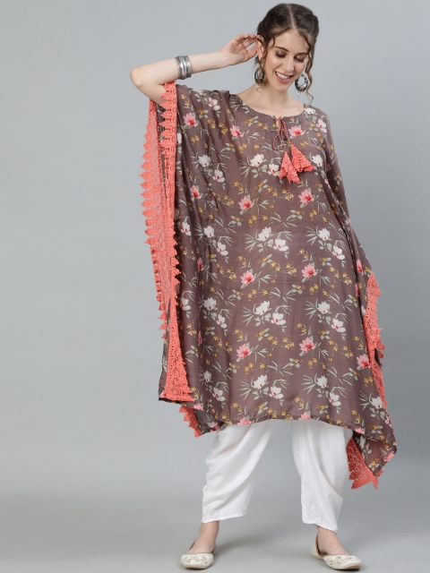 

Ishin Women Brown & Coral Floral Printed Extended Sleeves Kaftan Kurta