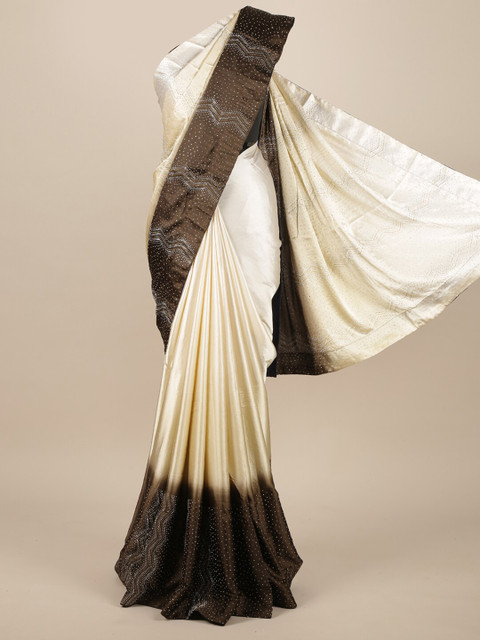 

Pothys Cream & Brown Embellished Beads and Stones Satin Saree
