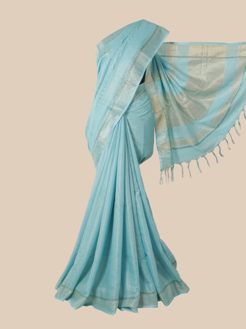 

Pothys Turquoise Blue & Silver-Toned Beads and Stones Linen Blend Saree