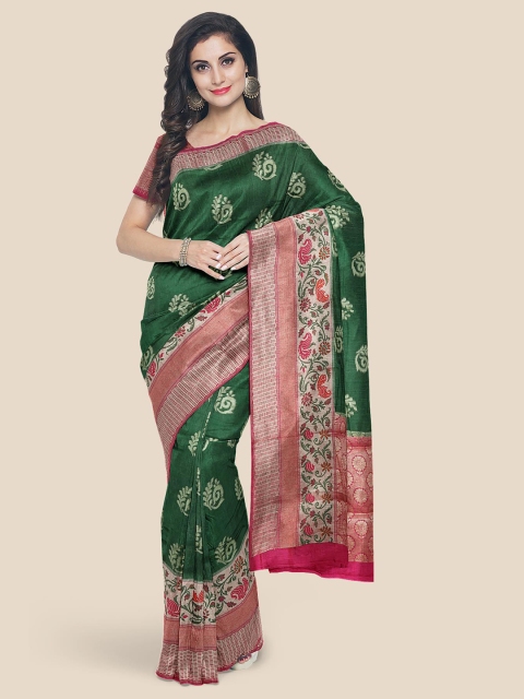 

Kalamandir Green Ethnic Motifs Silk Blend Banarasi Saree